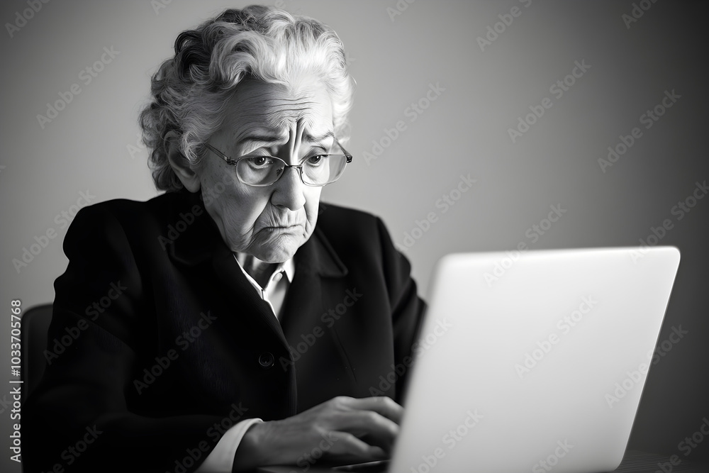 An elderly woman appears focused and concerned while working on a laptop, showcasing a minimalist setting that emphasizes her expressions and emotions An elderly woman appears focused and concerned while working on a laptop, showcasing a minimalist setting that emphasizes her expressions and emotions