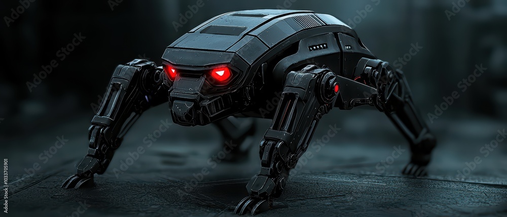 Futuristic robotic spider with glowing red eyes on a dark surface, showcasing advanced design and technology. Futuristic robotic spider with glowing red eyes on a dark surface, showcasing advanced design and technology.