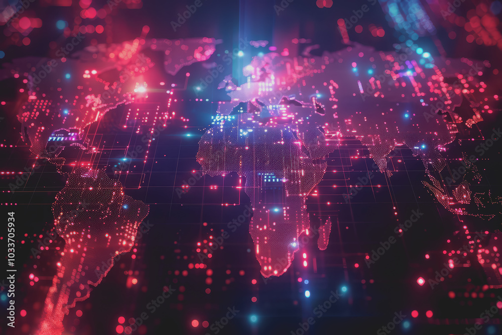Obraz premium Digital world map, global communication theme, tech background, holographic light.