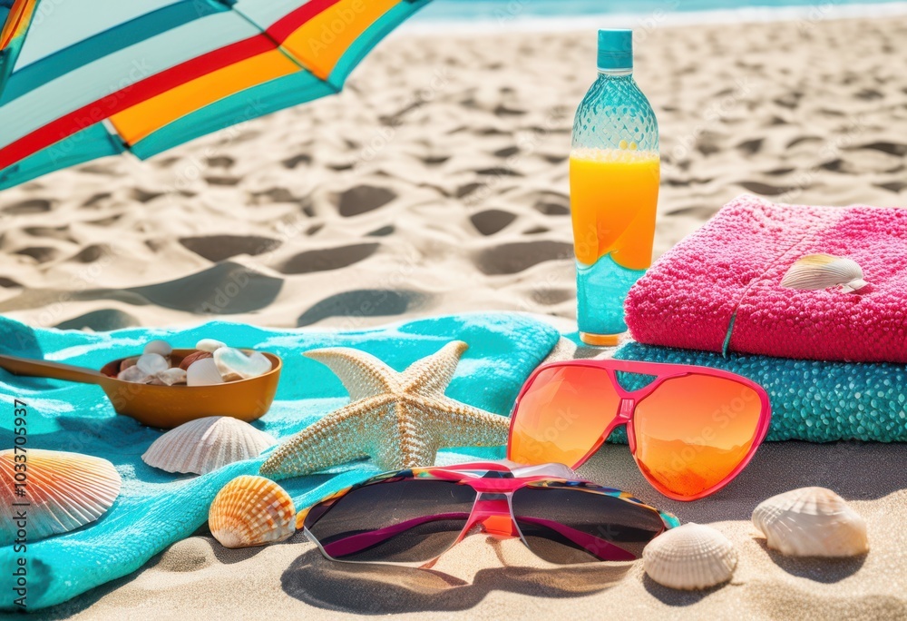 vibrant towel setup relaxing beach essentials including flip refreshing drinks under sunlight, sunglasses, sunscreen, umbrella, sand, relaxation, sunshine vibrant towel setup relaxing beach essentials including flip refreshing drinks under sunlight, sunglasses, sunscreen, umbrella, sand, relaxation, sunshine