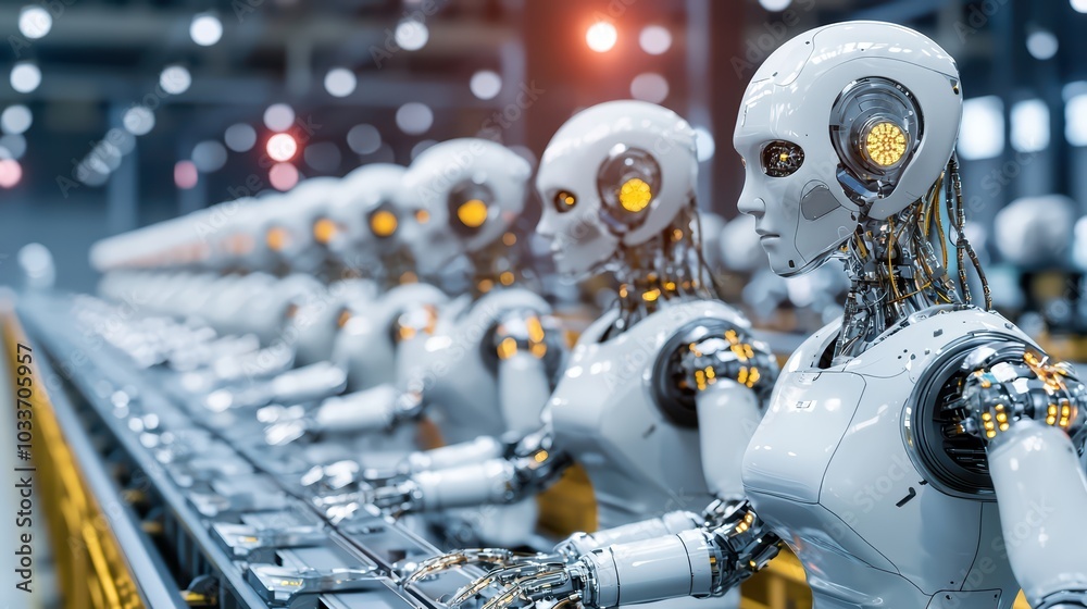 Futuristic robots on an assembly line in a high-tech manufacturing facility. Futuristic robots on an assembly line in a high-tech manufacturing facility.