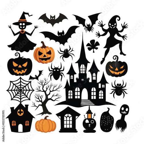 Set of Halloween vector elements like pumpkins, bats, and ghosts on white background