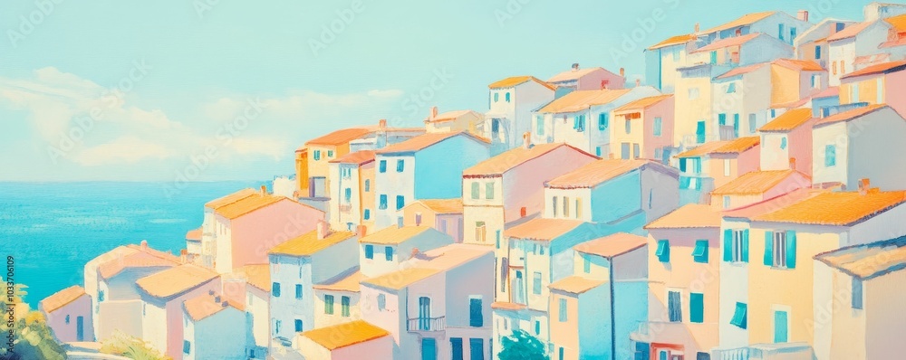 Naklejka premium Pastel seaside town with blue sea.