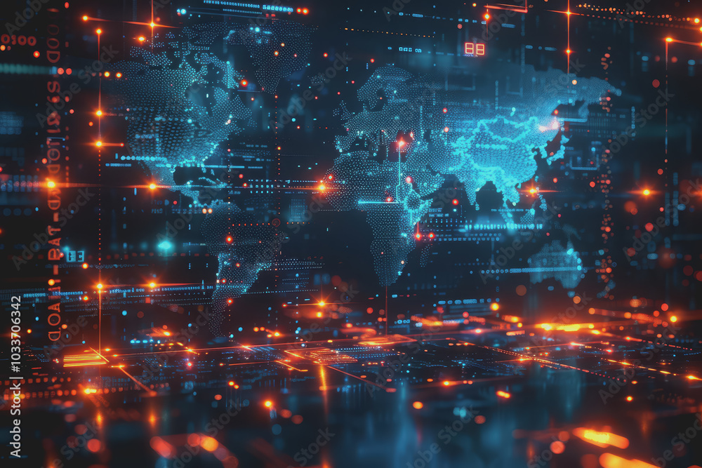 Fototapeta premium Digital world map, global communication theme, tech background, holographic light.