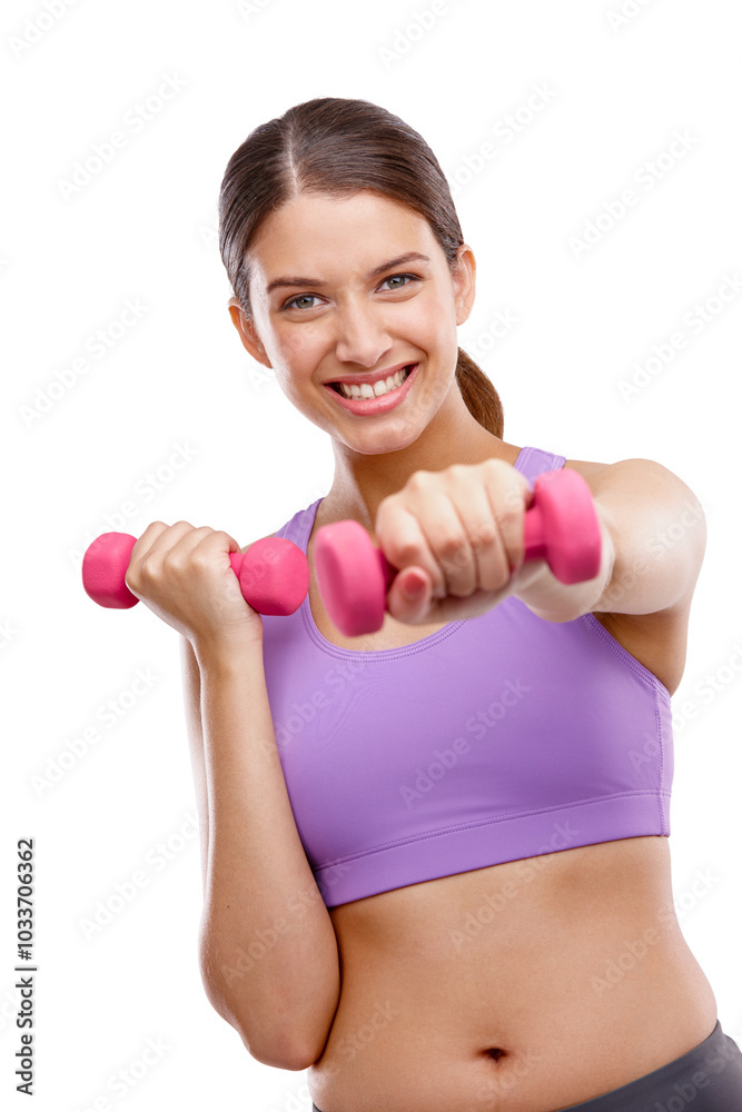Happy, portrait and woman with dumbbell in studio for endurance exercise, training and healthy body. Athlete, smile and punch with gym equipment for muscle, strength and workout by white background Happy, portrait and woman with dumbbell in studio for endurance exercise, training and healthy body. Athlete, smile and punch with gym equipment for muscle, strength and workout by white background