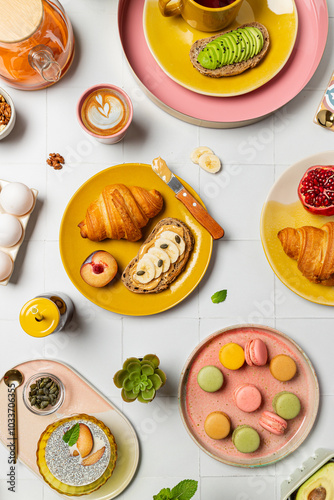 Bright and colorful breakfast spread with fresh pastries