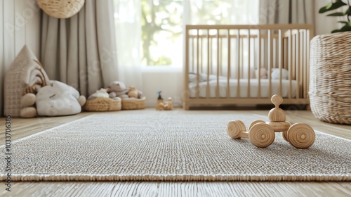 Soft textured rug with wooden baby toys, modern nursery, 3D illustration photo