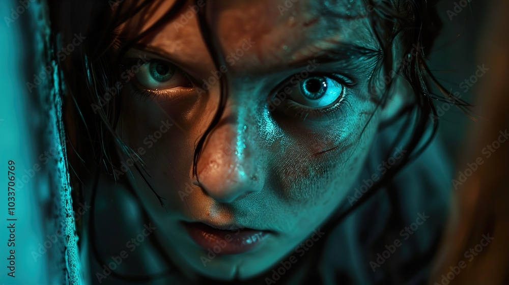Intense Close-Up Portrait of a Woman with Dramatic Lighting