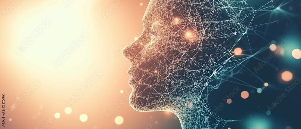 futuristic digital human profile formed by connected lines and glowing nodes, representing artificial intelligence, technology, and modern innovation futuristic digital human profile formed by connected lines and glowing nodes, representing artificial intelligence, technology, and modern innovation