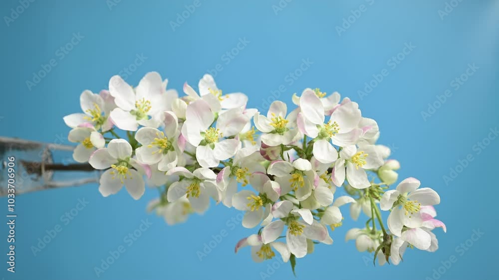 Close-up of white apple blossoms blooming on a tree branch against a blue sky. Witness the beauty of spring flowers opening in natural light
