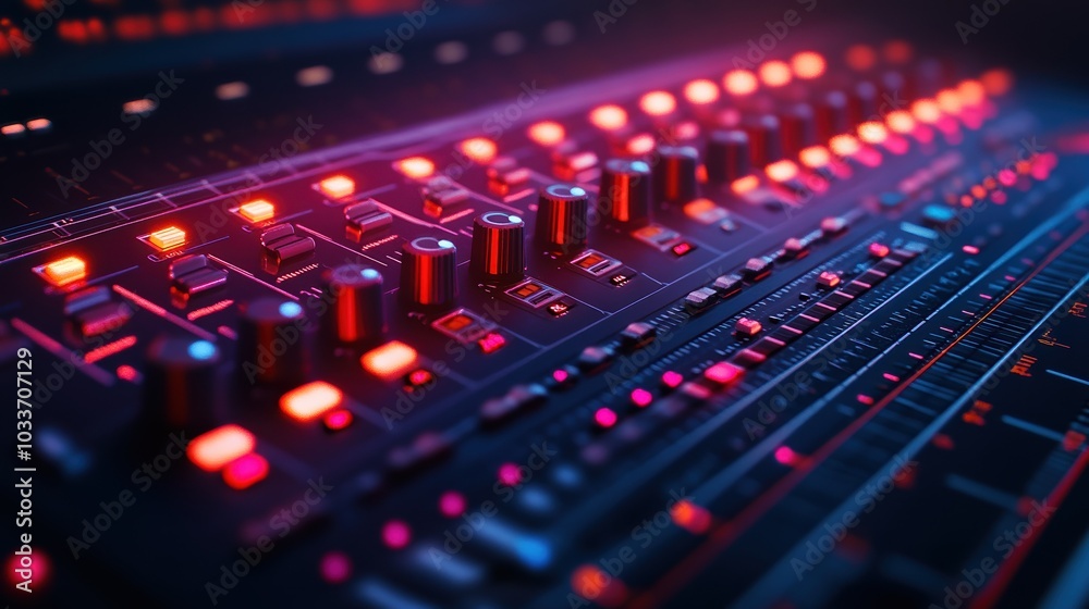 sound mixing console, faders, photo-realistic sound mixing console, faders, photo-realistic