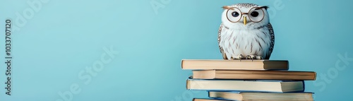 Wallpaper Mural Owl perched on a stack of books against a blue background, symbolizing wisdom and learning. Torontodigital.ca