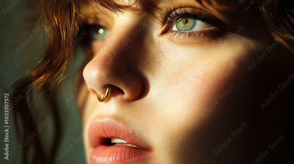 Person showcasing a double nostril piercing, two small studs aligned, clear blue sky behind Person showcasing a double nostril piercing, two small studs aligned, clear blue sky behind