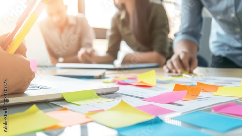 Collaborative team meeting with colorful sticky notes and laptops in a bright office.