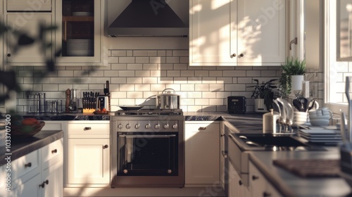A stylish kitchen featuring white cabinets, soapstone countertops