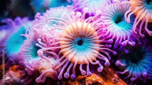 A mesmerizing macro shot captures the intricate details and vivid colors of sea anemones, evoking the enchanting beauty of underwater life.