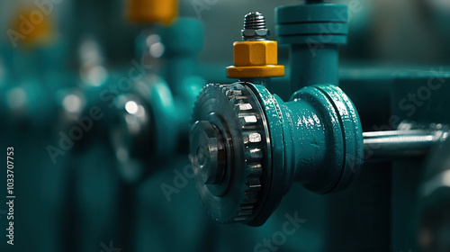 Close up of refinery valves under pressure, showcasing intricate details and vibrant colors. image captures industrial essence and precision of machinery in refinery setting