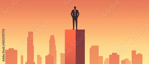 Silhouette of a businessman standing atop a pedestal against a vibrant sunset skyline.