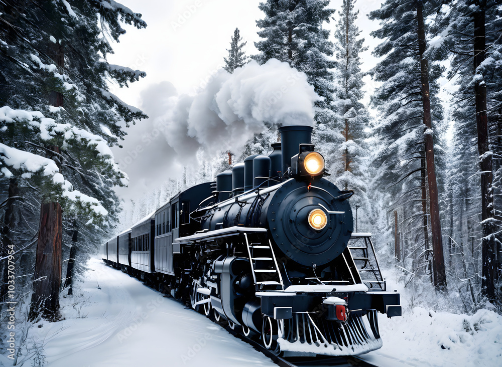 Old steam locomotive. Vintage black train moves through snowy forest at ...