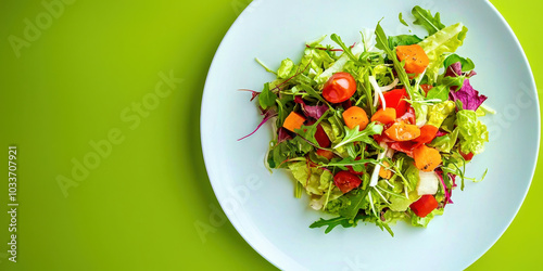 A plate of salad with a green background