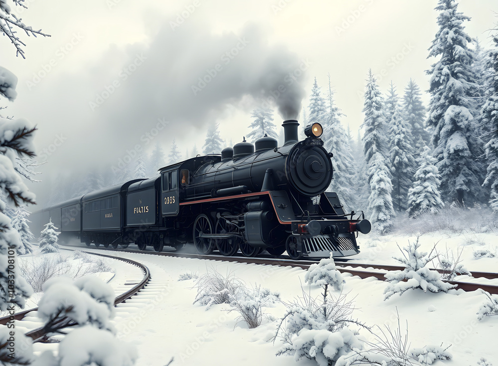 Old steam locomotive. Vintage black train moves through snowy forest at ...