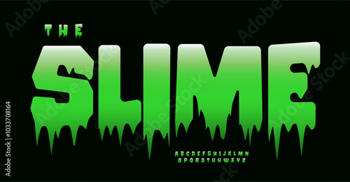 Green slime alphabet, gooey dripping font, cartoon horror typeface, spooky playful font for Halloween party designs, spooky fun Halloween or kid designs. Vector typeset.