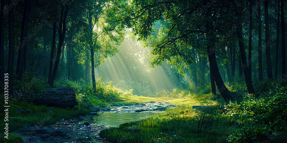 Obraz premium A forest with a stream running through it