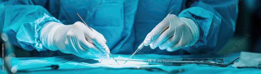 Surgeon performing an operation with surgical instruments, focused environment, professional healthcare setting. Surgeon performing an operation with surgical instruments, focused environment, professional healthcare setting.