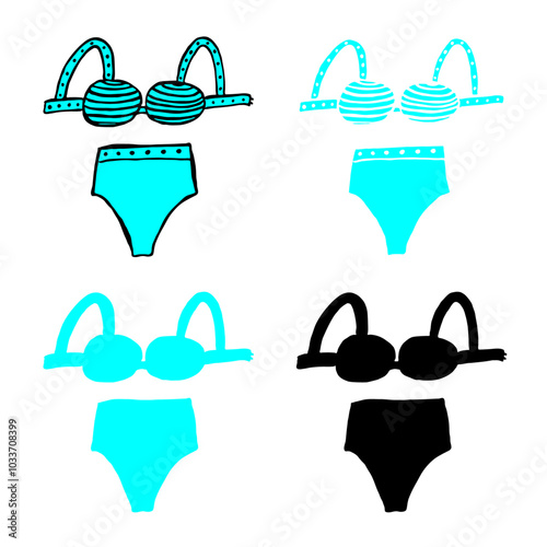 Bodysuit set. Two-piece fashionable swimsuit with lines and polka dots print. High-waist bottom. Fashion illustration, doodle ink hand-drawn elements. Cyan and black