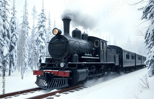 Old steam locomotive. Vintage black train moves through snowy forest at North Pole. Magical winter landscape. Retro style. Christmas and New Year theme. Design for banners, cards and posters.