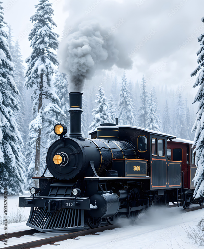 Obraz premium Old steam locomotive. Vintage black train moves through snowy forest at North Pole. Magical winter landscape. Retro style. Christmas and New Year theme. Design for banners, cards and posters.