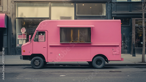 A vibrant pink food truck parked on a city street, ready to serve delicious treats to passersby