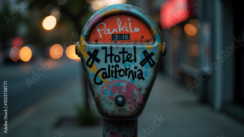 Colorful Graffiti-Covered Parking Meter Displaying 'The Hotel California', a Bold Art Statement in the Gray Urban Landscape photo