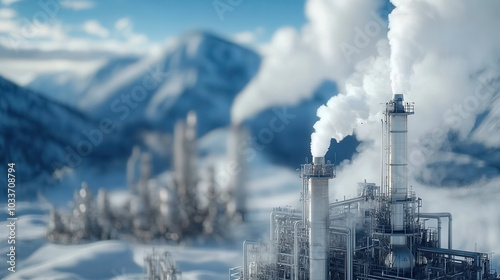 Industrial smokestacks releasing clean steam into atmosphere, surrounded by snowy mountains, create striking contrast between nature and industry. scene evokes sense of innovation and environmental