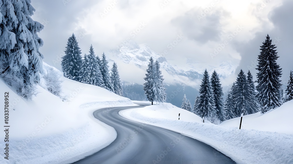 Snowy mountain road, winding up the Alps in Switzerland, foggy and snowing, beautiful scenery, cinematic. Snowy mountain road, winding up the Alps in Switzerland, foggy and snowing, beautiful scenery, cinematic.