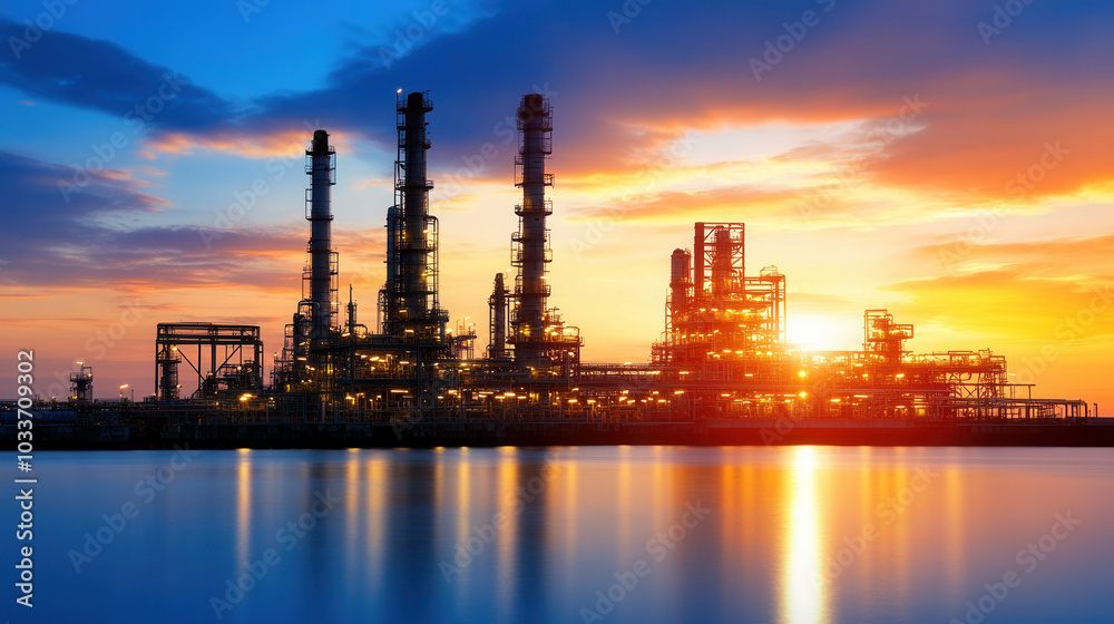 Oil refinery at sunset with vibrant colors reflecting on water, showcasing industrial structures against dramatic sky. scene evokes sense of energy and progress Oil refinery at sunset with vibrant colors reflecting on water, showcasing industrial structures against dramatic sky. scene evokes sense of energy and progress