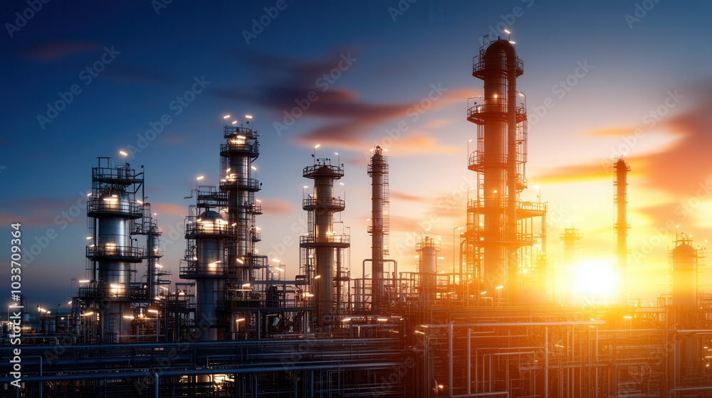 Refinery at night with bright lights, showcasing industrial structures against vibrant sunset. scene captures essence of energy production and technological advancement Refinery at night with bright lights, showcasing industrial structures against vibrant sunset. scene captures essence of energy production and technological advancement