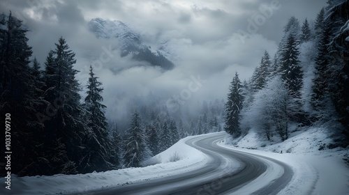 Snowy mountain road, winding up the Alps in Switzerland, foggy and snowing, beautiful scenery, cinematic.
