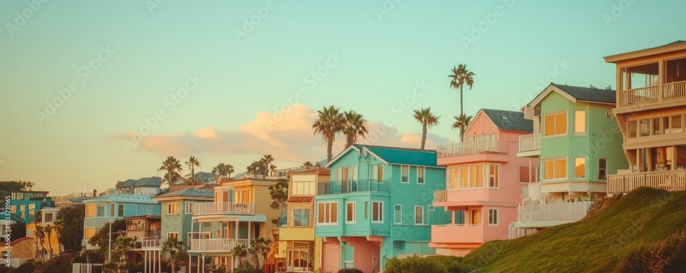 Obraz premium Pastel houses and palm trees on a hillside.