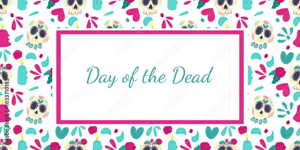 Hand drawn flat vector banner with Dia de los Muertos illustrations with decorated skulls, roses, candles, and festive elements on a white background. Perfect for promotions. flyer, greeting card. Hand drawn flat vector banner with Dia de los Muertos illustrations with decorated skulls, roses, candles, and festive elements on a white background. Perfect for promotions. flyer, greeting card.