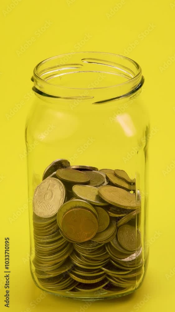 A clear glass jar filled with coins on a bright yellow background symbolizes savings and financial planning. This colorful setting emphasizes the importance of saving money. A clear glass jar filled with coins on a bright yellow background symbolizes savings and financial planning. This colorful setting emphasizes the importance of saving money.