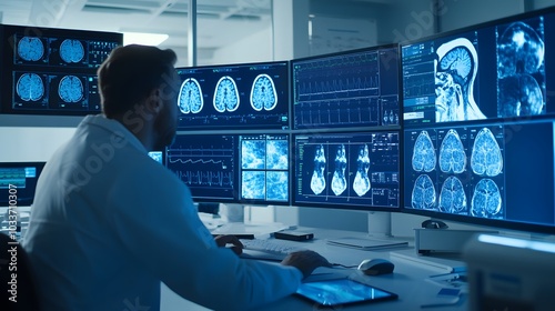 A Doctor Analyzing Brain Scans on Multiple Monitors