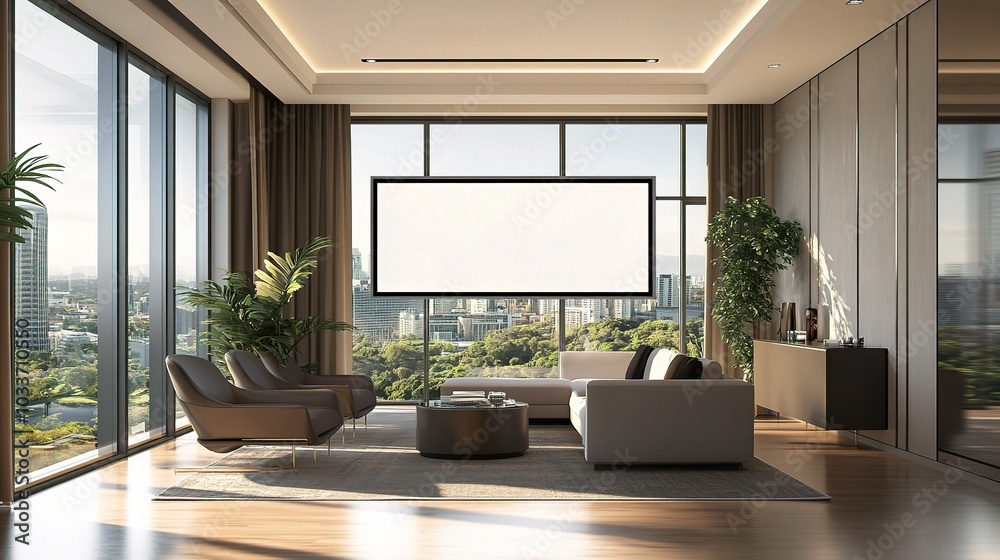 Modern Living Room with City View and Large Screen Modern Living Room with City View and Large Screen