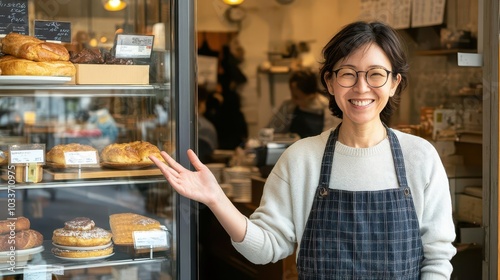 A cheerful baker welcomes customers at a cozy bakery, showcasing delicious pastries and a warm atmosphere.