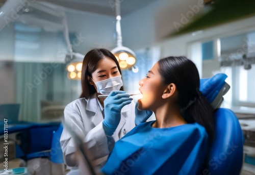 A female dentist wearing a face mask examines a patient's teeth.