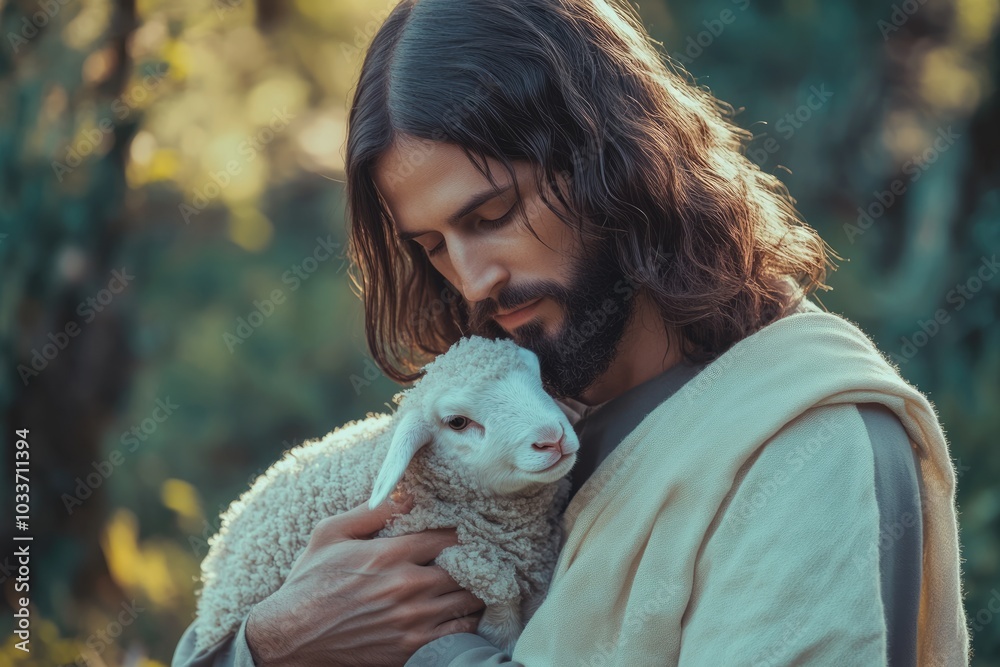 Easter Celebration: Jesus Christ Blessing a Little Lamb in Spring Serenity Easter Celebration: Jesus Christ Blessing a Little Lamb in Spring Serenity