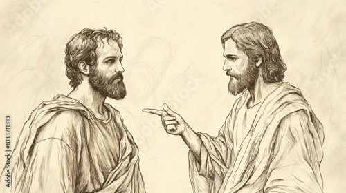 Biblical Scene of John the Baptist Preaching to a Crowd and Pointing to Jesus as the Lamb of God Fulfilling Christian Scripture and Gospel