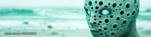 Mysterious figure with a perforated mask gazes at the ocean's horizon, AI