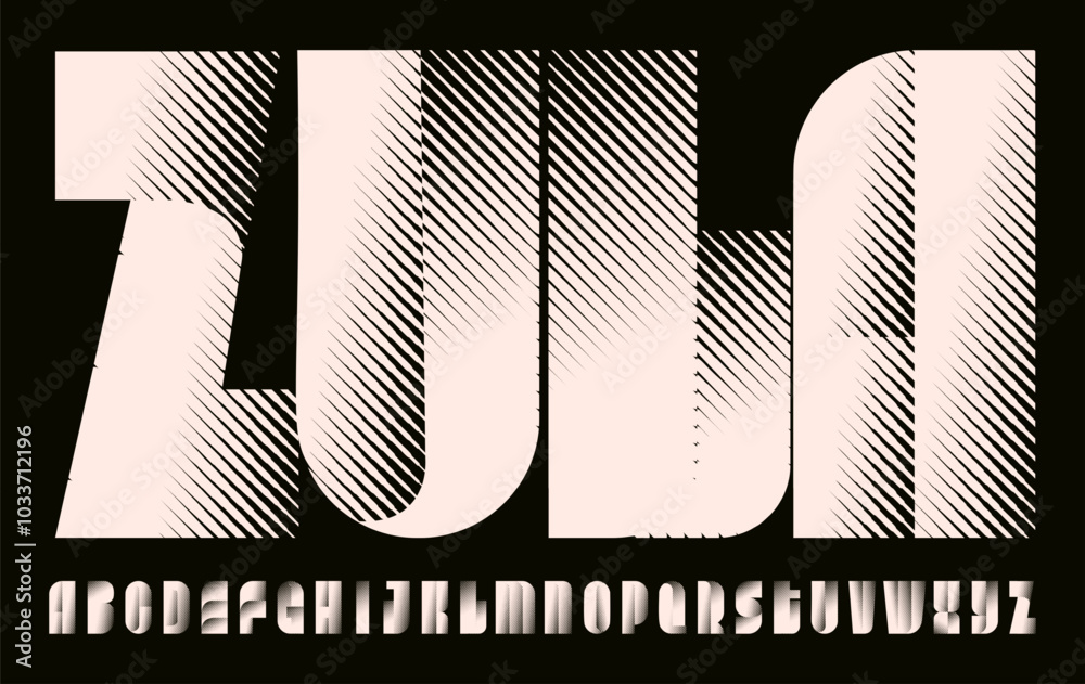 Geometric striped alphabet, retro modern display font, bold logo type with 3D effect, impactful headline typography, sharp and dynamic poster design. Vector typeset.