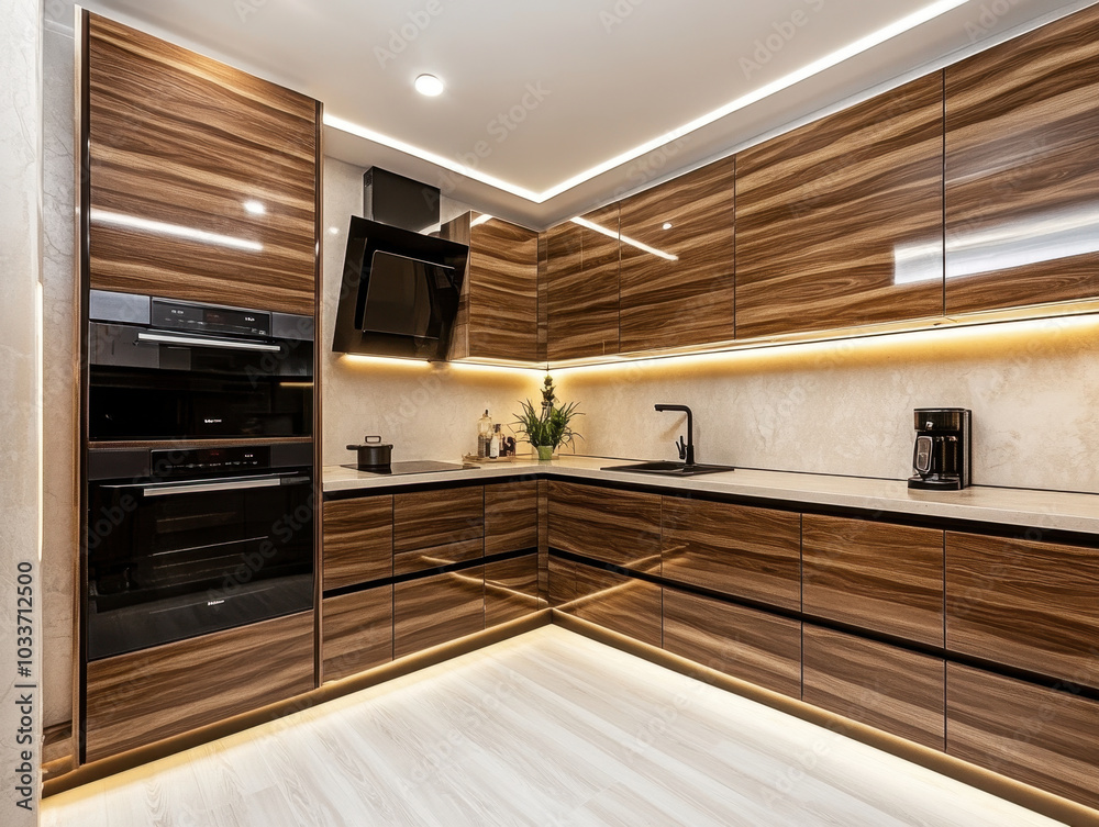 Sleek wooden cabinets and modern appliances shine in a bright kitchen design Sleek wooden cabinets and modern appliances shine in a bright kitchen design